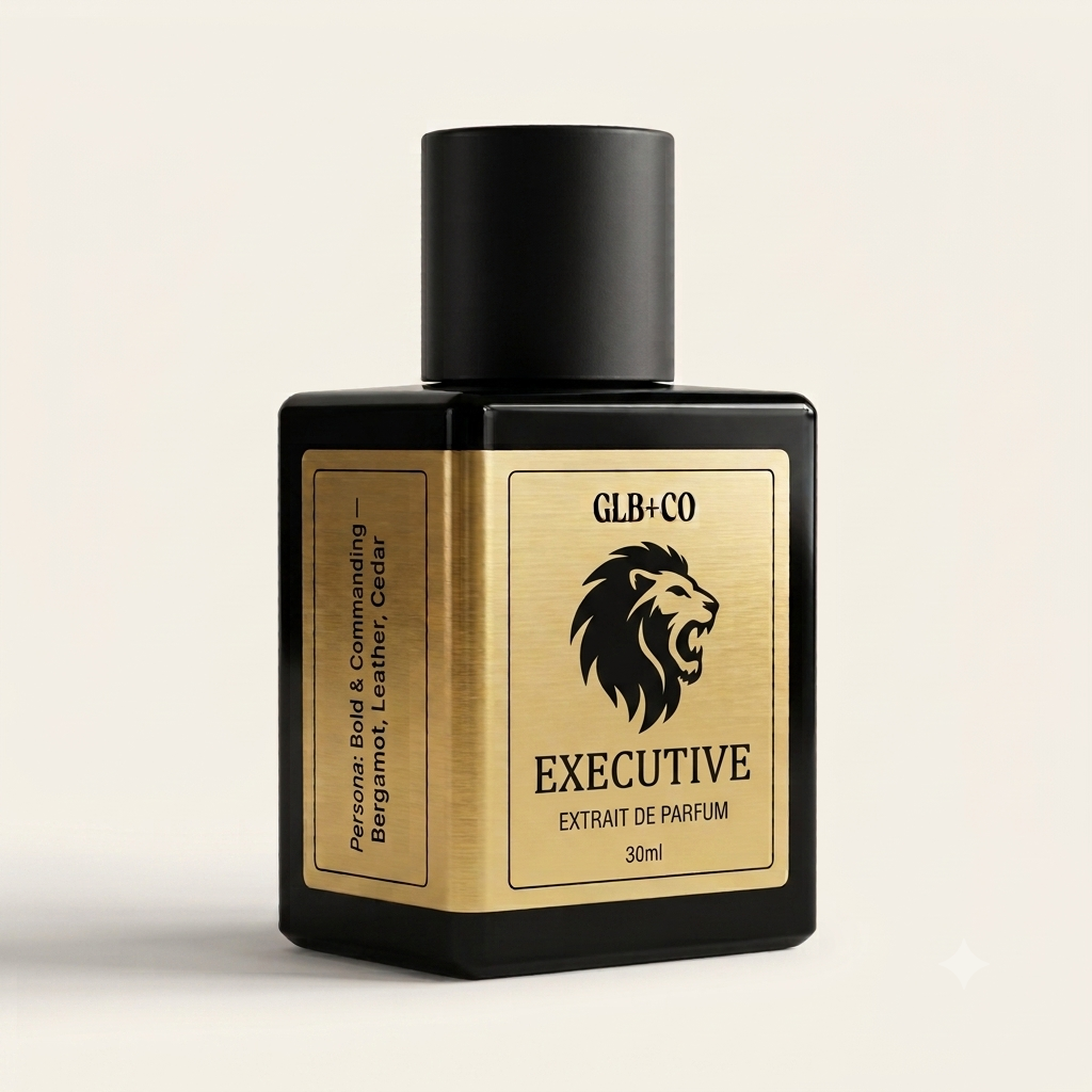 Executive Pheromone Fragrance by GLB+CO, 30ml matte black bottle with a brushed gold label. Saffron, jasmine, and amberwood.