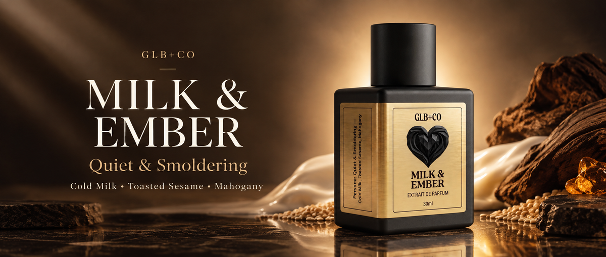 Milk & Ember by GLB+CO. Quiet and smoldering. Cold milk, toasted sesame and mahogany. Extrait de parfum, 30ml.