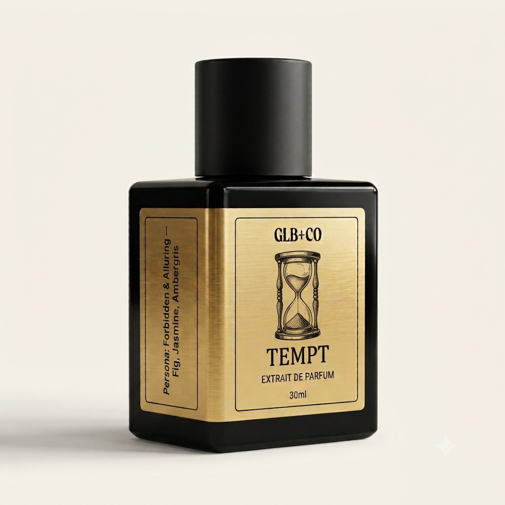 Tempt Pheromone Fragrance by GLB+CO, 30ml matte black bottle with a brushed gold label. Passion fruit, pineapple, and jasmine.