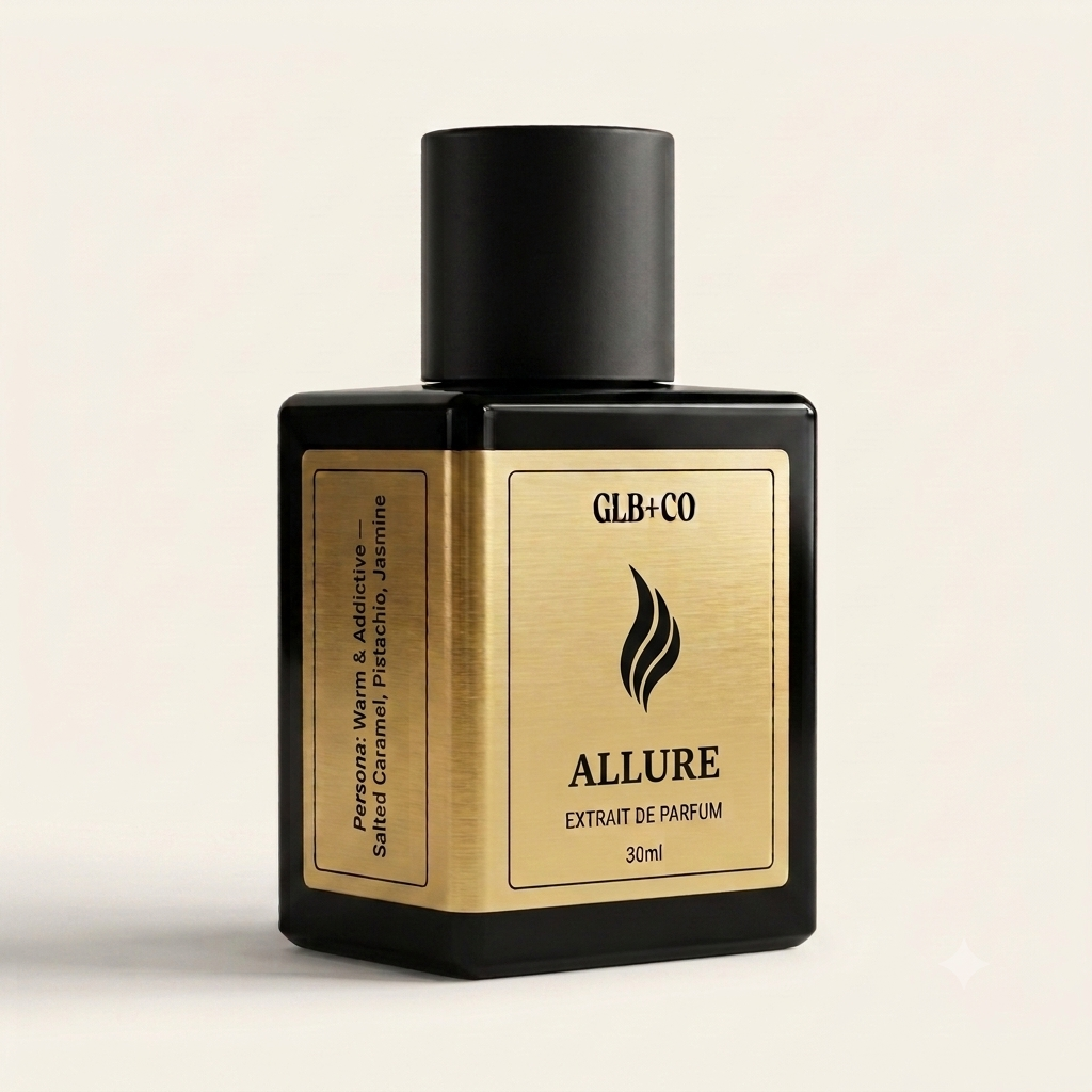 Allure Pheromone Fragrance by GLB+CO, 30ml matte black bottle with a brushed gold label. Salted caramel, pistachio, and jasmine.