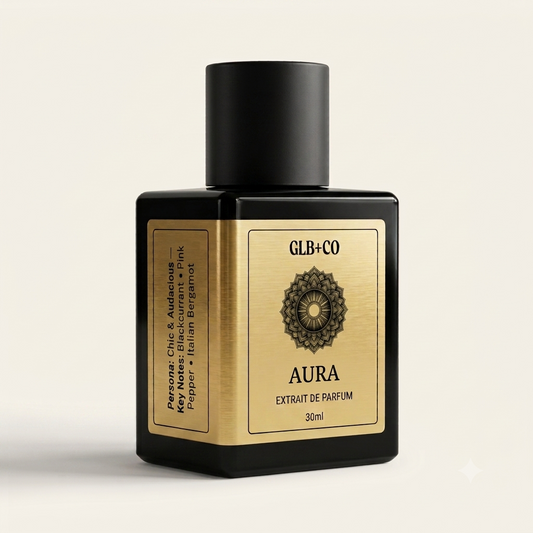 Aura Pheromone Fragrance by GLB+CO, 30ml matte black bottle with a brushed gold label. Blackcurrant, pink pepper, and Italian bergamot.