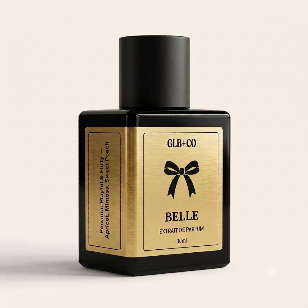 Belle Pheromone Fragrance by GLB+CO, 30ml matte black bottle with a brushed gold label. Apricot, mimosa, and sweet peach.