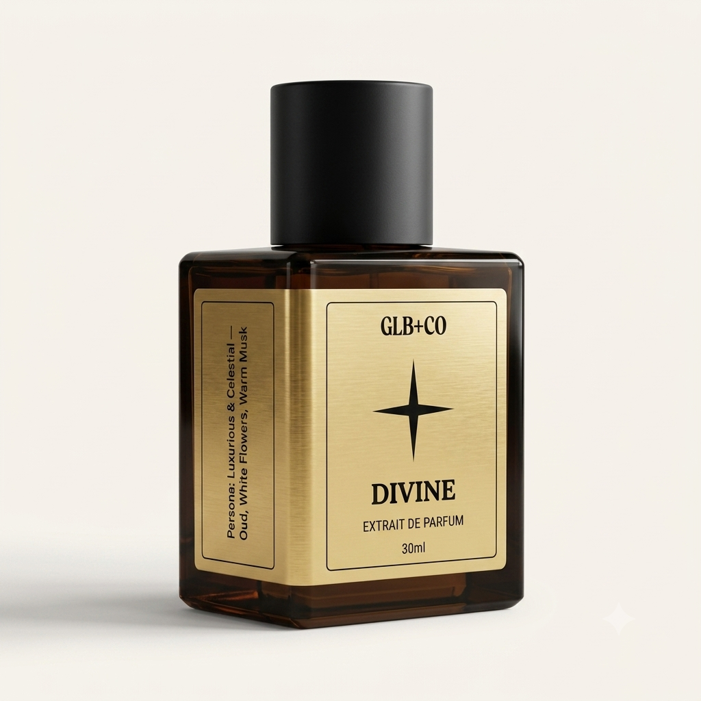 Divine Pheromone Fragrance by GLB+CO, 30ml matte black bottle with a brushed gold label. Oud, white flowers, and warm musk.