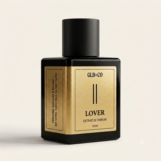 Lover Pheromone Fragrance by GLB+CO, 30ml matte black bottle with a brushed gold label. Turkish rose, lychee, and vanilla.