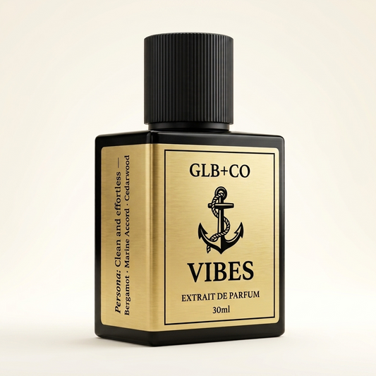 Vibes Pheromone Fragrance by GLB+CO, 30ml matte black bottle with a brushed gold label. Bergamot, marine accord and cedarwood.